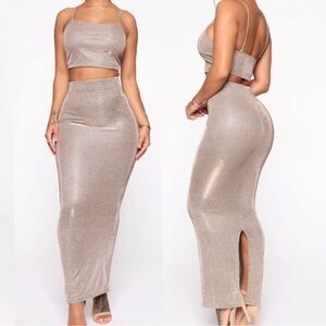 Champagne metallic skirt & crop top matching set size extra small Fashion Nova